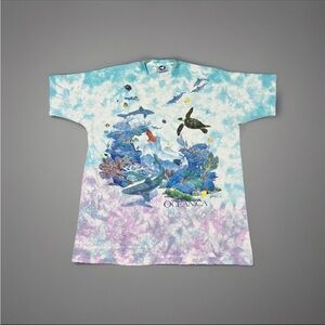 Vintage Liquid Blue Oceanica Mens Blue All Over Printed 1993 Tee Shirt Size XXL